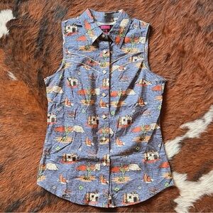 Rock & Roll Denim Southwest Print Sleeveless Button Down Shirt Small